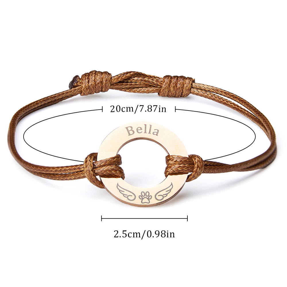 Personalized Engraved Angel Wings Pet Paw Print PU Leather Rope Bracelet Memorial Gift for Pet Lovers