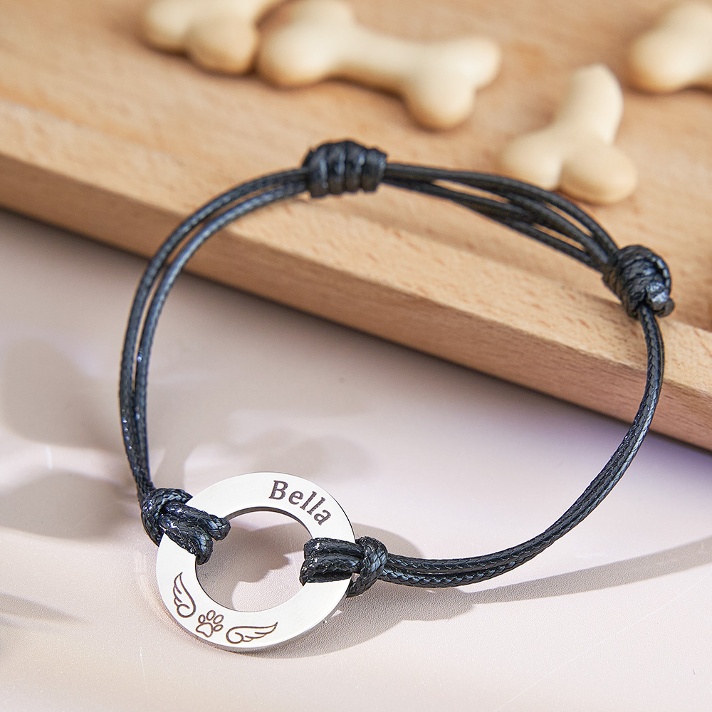 Personalized Engraved Angel Wings Pet Paw Print PU Leather Rope Bracelet Memorial Gift for Pet Lovers
