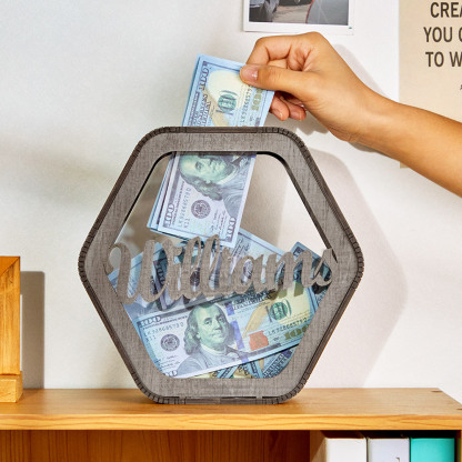 Custom Hexagonal Wood Piggy Bank with Name