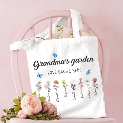 Personalized Birth Month Flowers Grandma's Garden Tote Bag Mom's Garden Tote Bag With Kids Names Gift For Grandma
