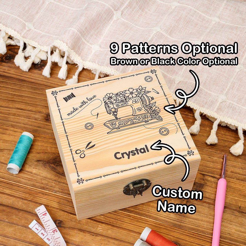 Personalized Sewing Machine Pattern Wooden Storage Box Gift for Seamstress Sewing Enthusiast