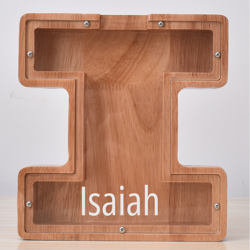 Custom Engraved Name Oak Wooden Letter Piggy Bank