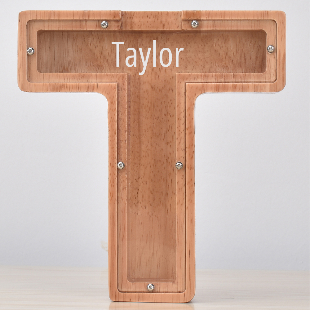 Custom Engraved Name Oak Wooden Letter Piggy Bank