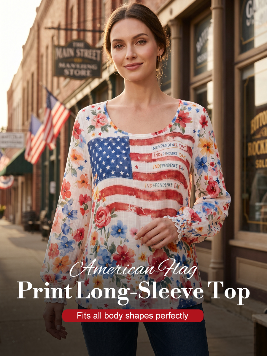 Women's Independence Day Flag & Floral Pattern Casual Long-sleeve Top