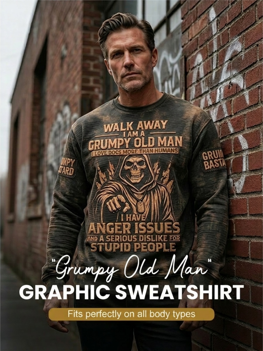 Men's Grumy Old Man Printed Waffle Long Sleeved Round Neck Sweatshirt