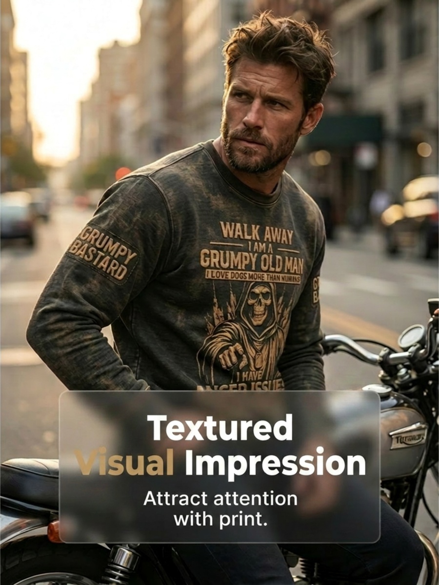 Men's Grumy Old Man Printed Waffle Long Sleeved Round Neck Sweatshirt