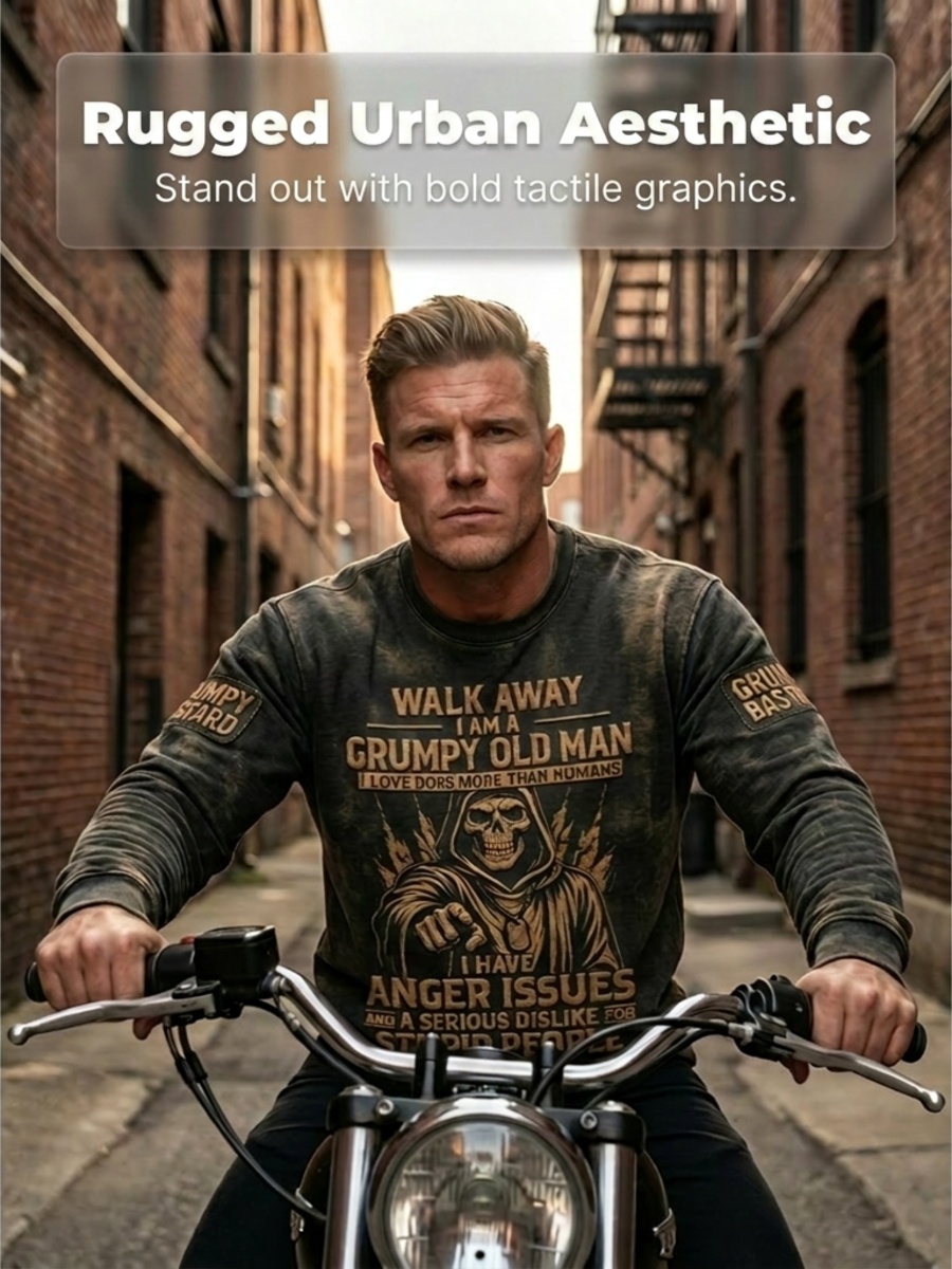 Men's Grumy Old Man Printed Waffle Long Sleeved Round Neck Sweatshirt