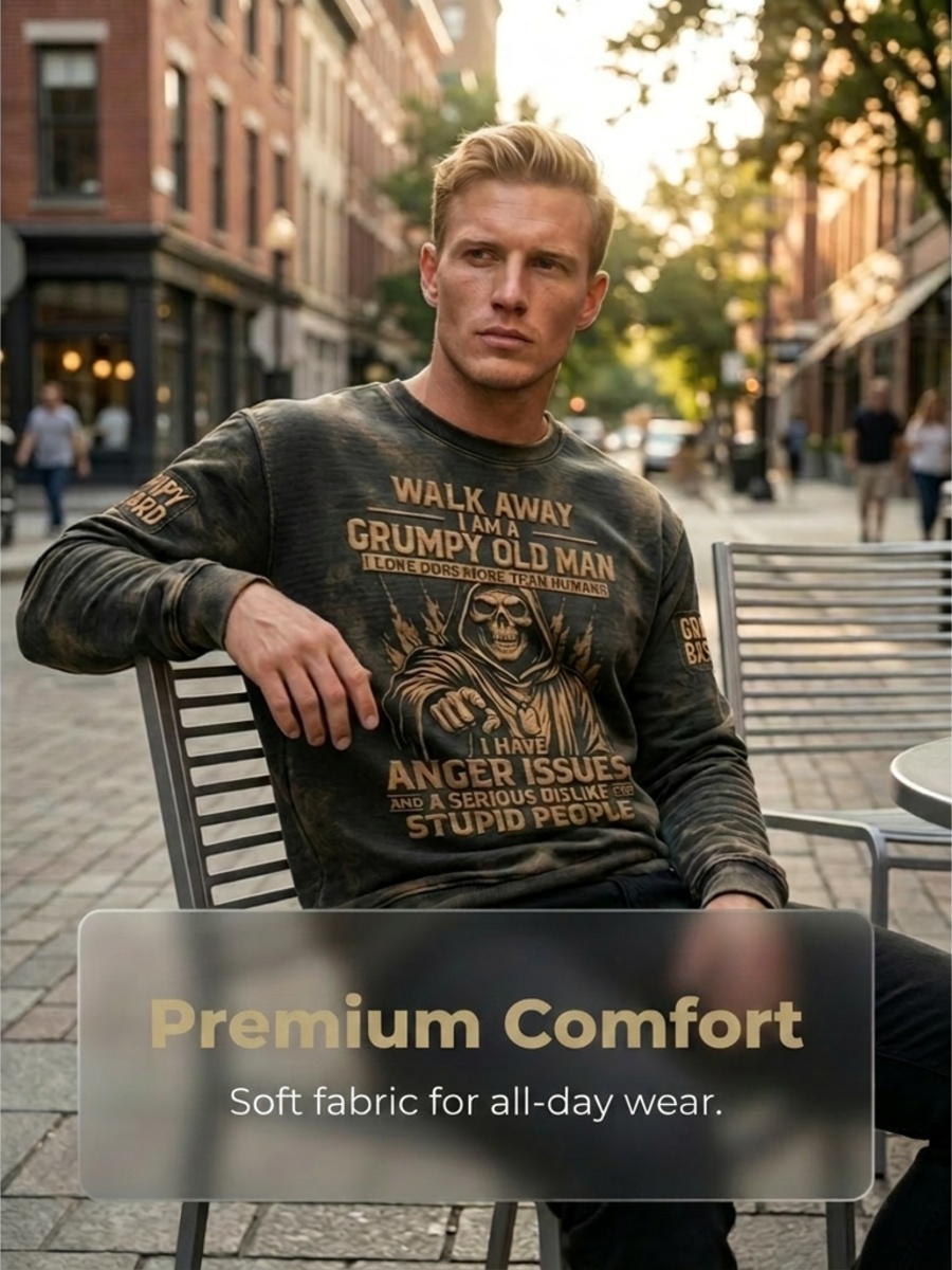 Men's Grumy Old Man Printed Waffle Long Sleeved Round Neck Sweatshirt