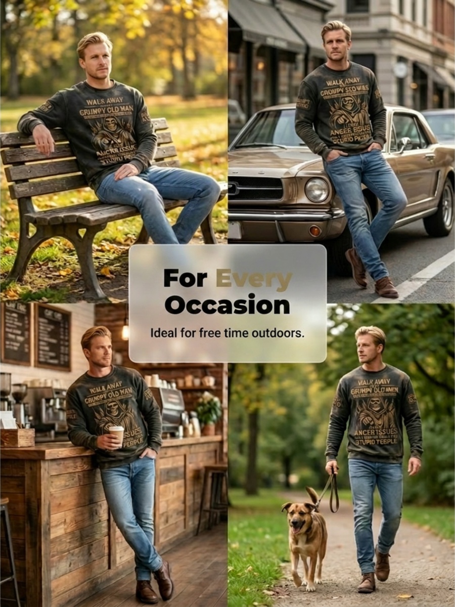 Men's Grumy Old Man Printed Waffle Long Sleeved Round Neck Sweatshirt