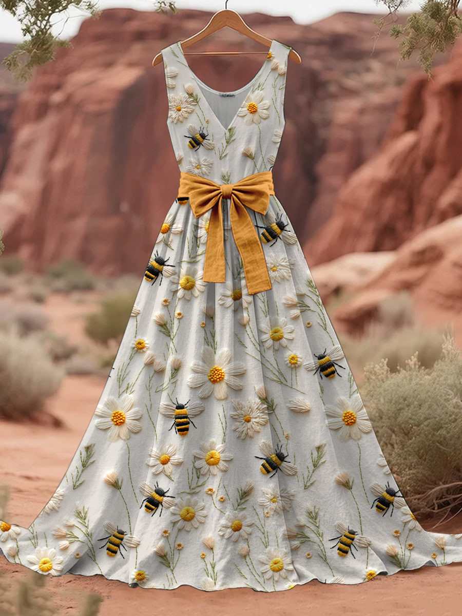 Retro Bee Floral Art Print V-Neck Sleeveless Cotton Maxi Dress