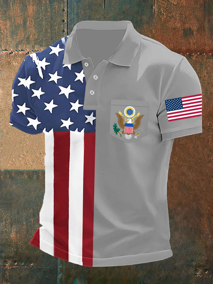 Men's USA Pirnt Short Sleeve Poket Shirt