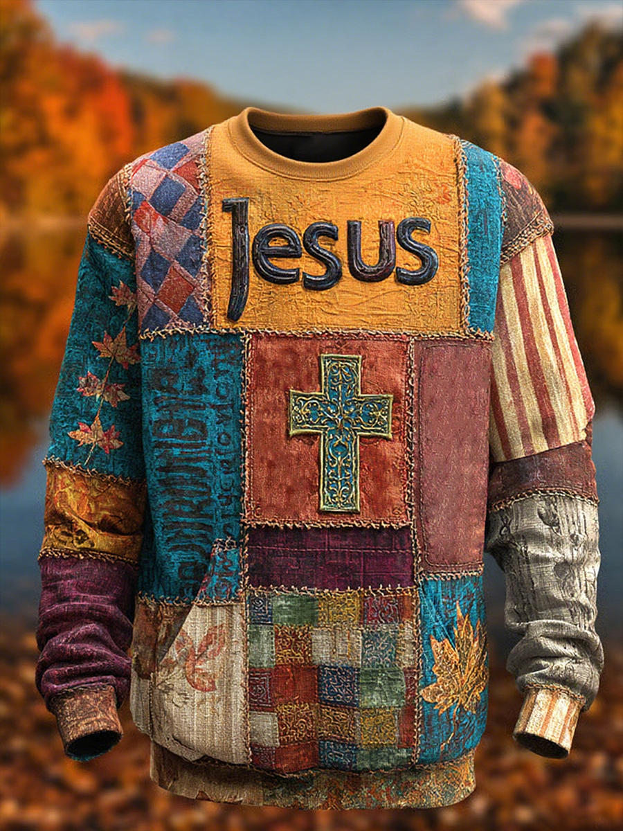 Men's Retro Casual Faith Cross Art Print Crew Neck Sweatshirt