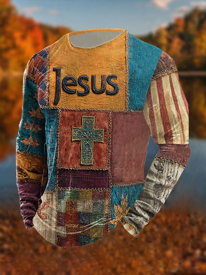 Men's Retro Casual Faith Cross Art Print Long Sleeve T-shirt