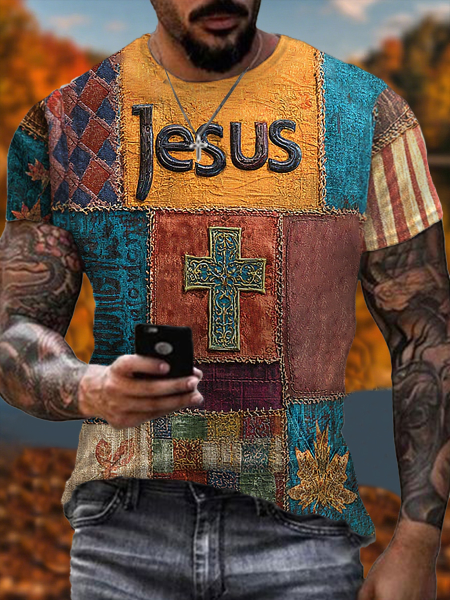 Men's Retro Casual Faith Cross Art Print Short Sleeve T-shirt