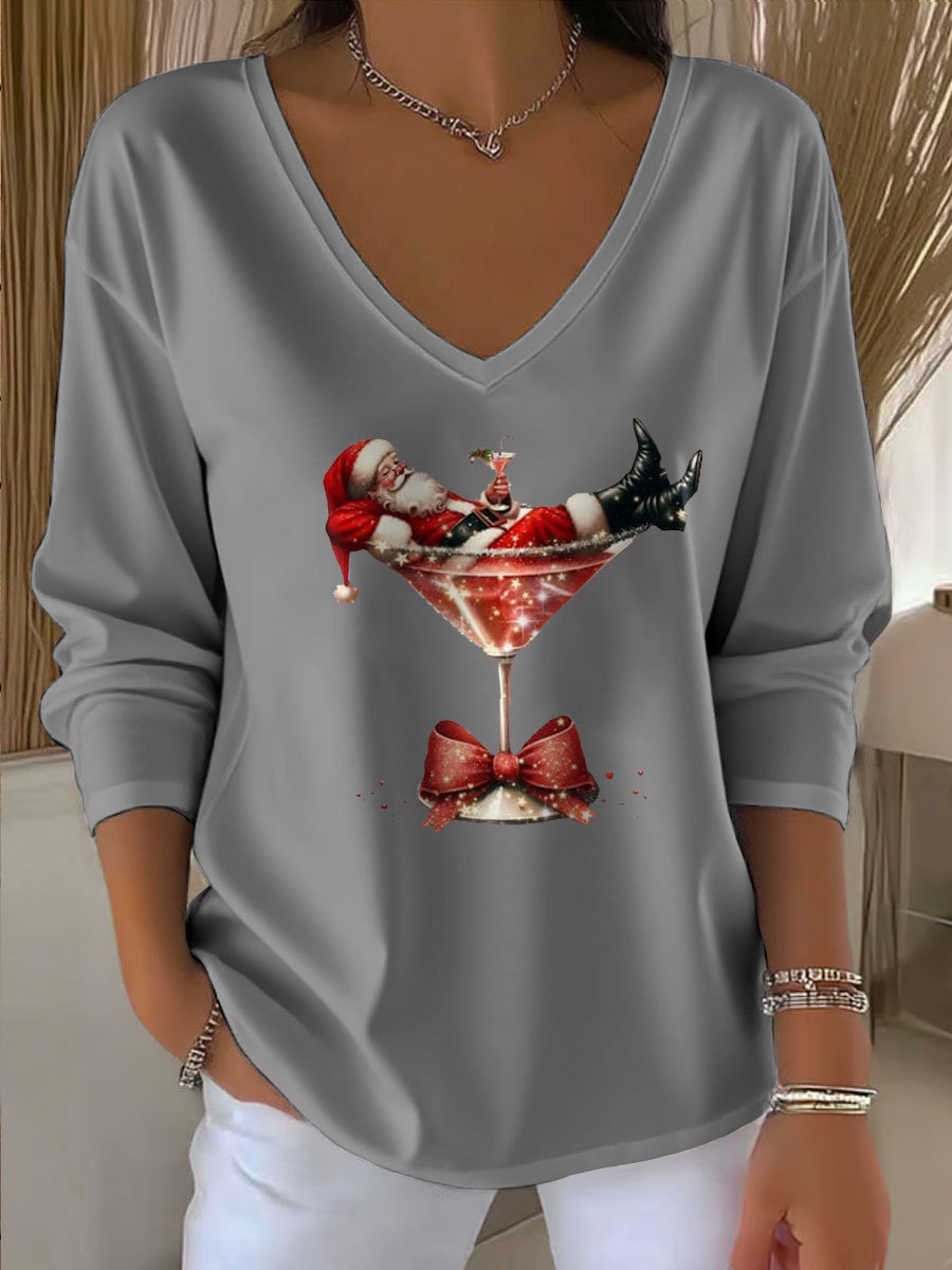 Women's Santa Claus Printed V-Neck T-Shirt