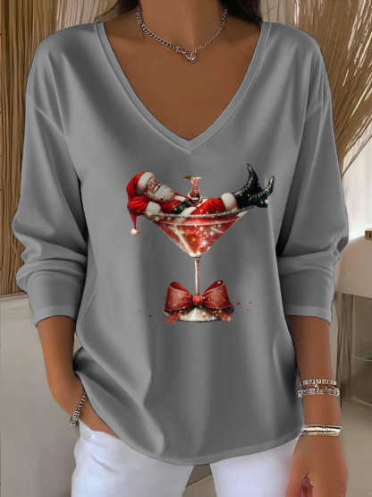 Women's Santa Claus Printed V-Neck T-Shirt