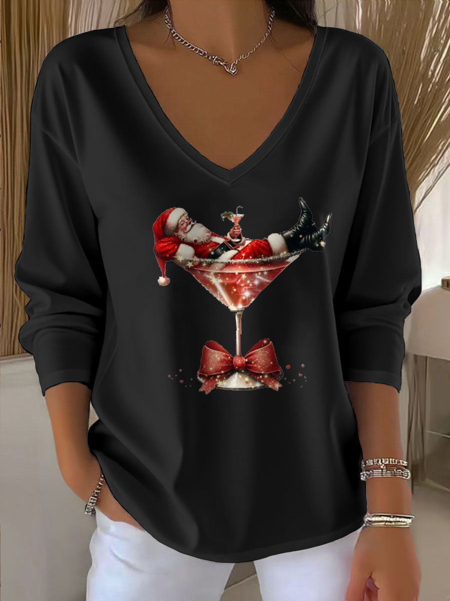 Women's Santa Claus Printed V-Neck T-Shirt