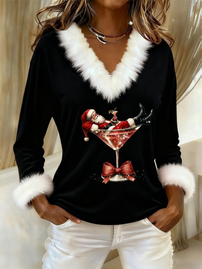 Women's Santa Claus sitting on a red wine glass printed fur collar top