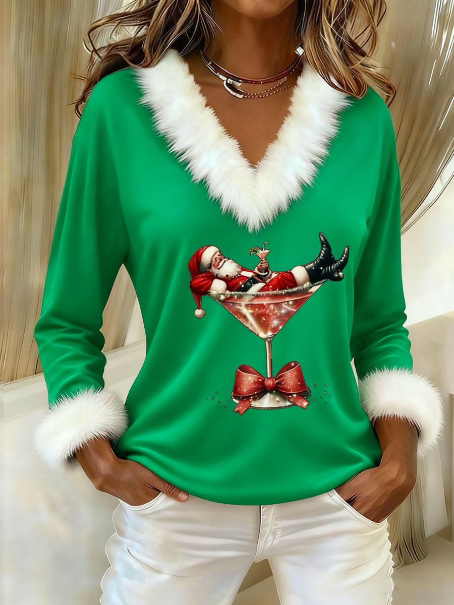 Women's Santa Claus sitting on a red wine glass printed fur collar top