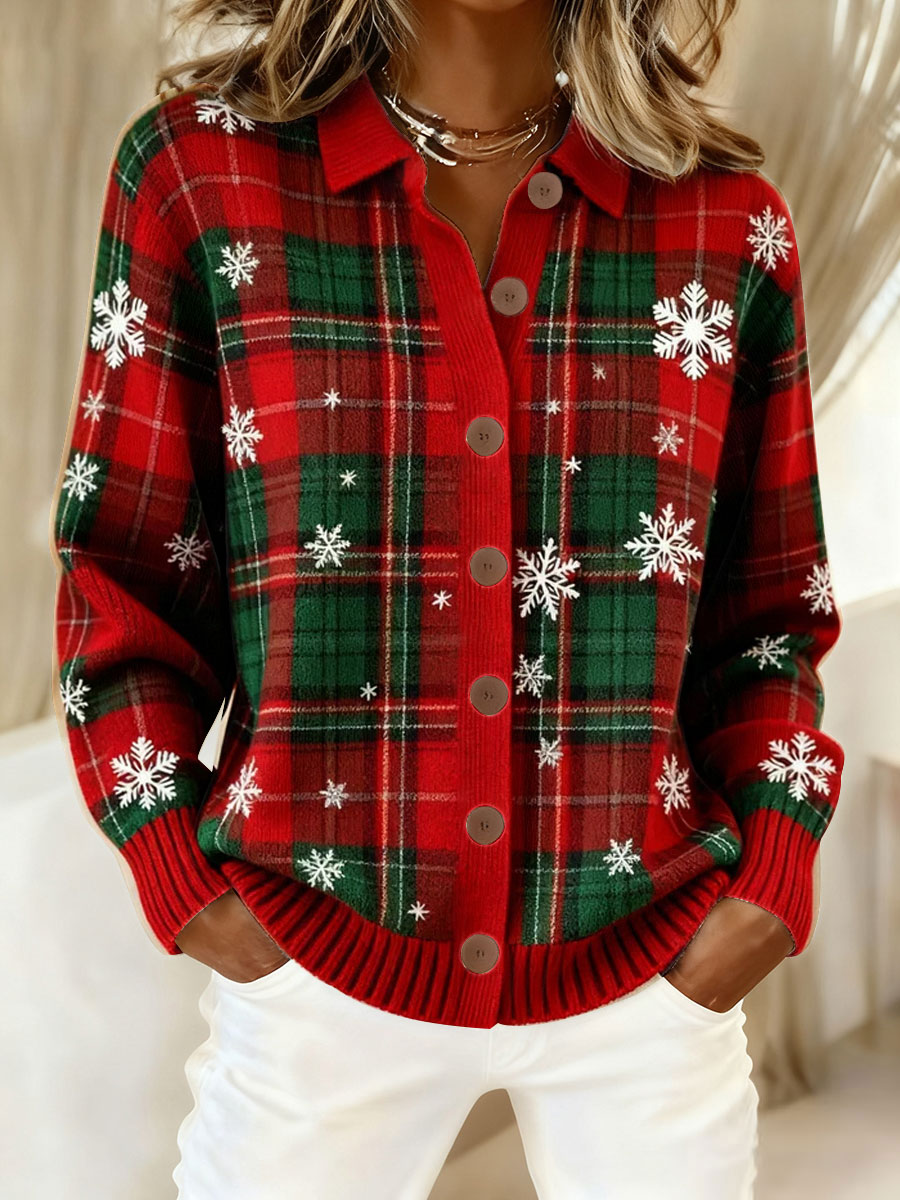 Women's Retro Christmas Plaid Art Print Casual Cardigan