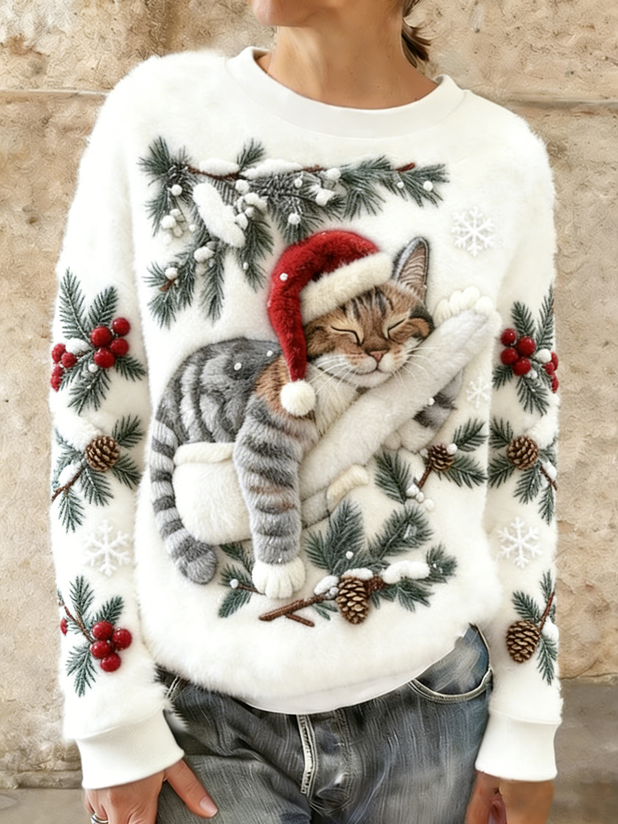 Women's Cute Christmas Cat Art Print Casual Flannel Hoodie