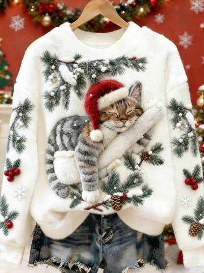 Women's Cute Christmas Cat Art Print Casual Flannel Hoodie