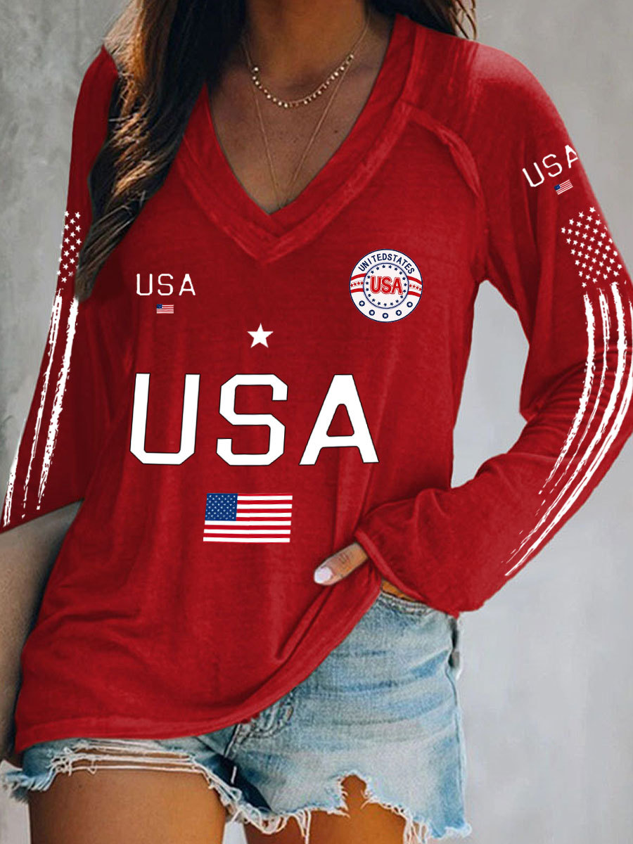 Women's USA Flag V-Neck Tops