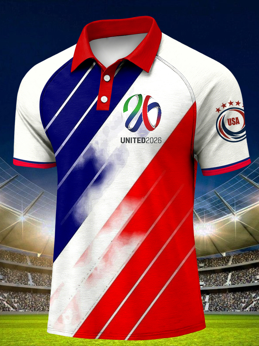 Men's USA Print Raglan Sleeve Polo Collar Casual Short Sleeved Shirt