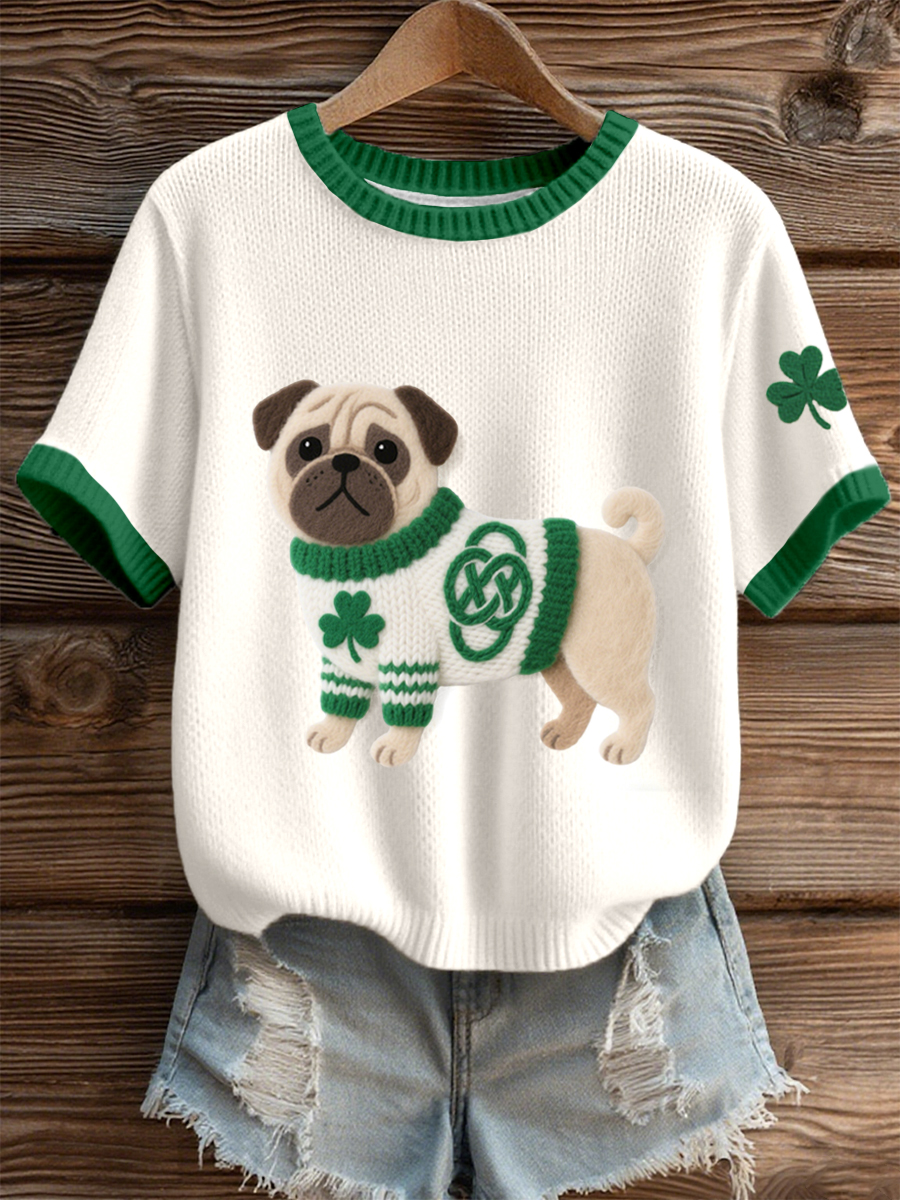 Women's St. Patrick's Day Inspired Pug Dog Pattern Knit Top