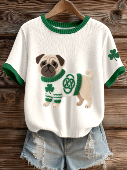 Women's St. Patrick's Day Inspired Pug Dog Pattern Knit Top