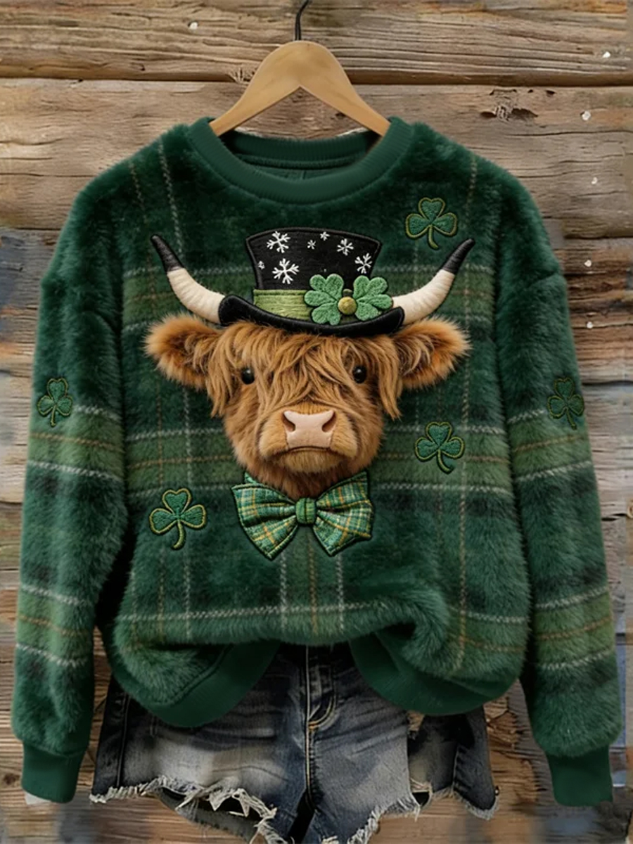 Women's St. Patrick's Day Highland Cattle Shamrock Flannel Sweatshirt