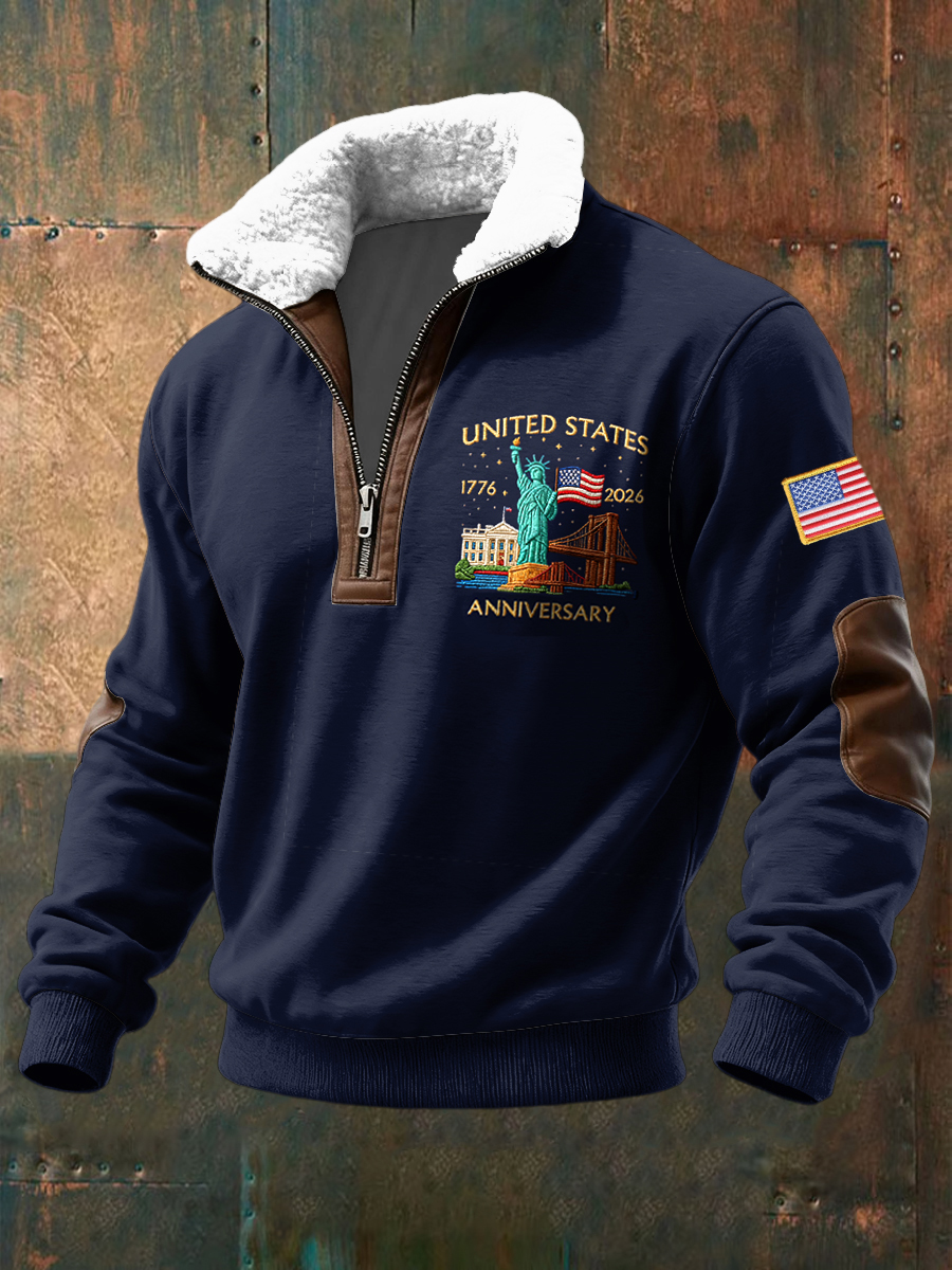 Retro 250th Anniversary Commemorative Casual Shearling Collar Pullover