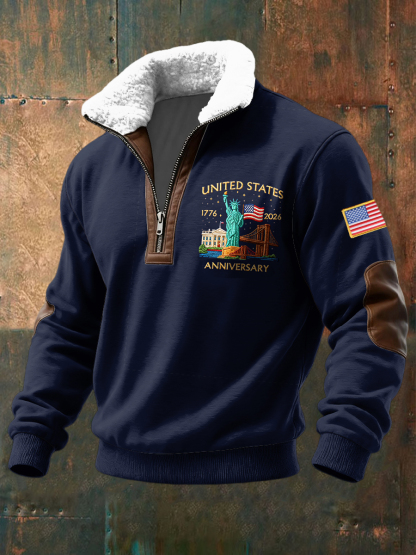 Retro 250th Anniversary Commemorative Casual Shearling Collar Pullover
