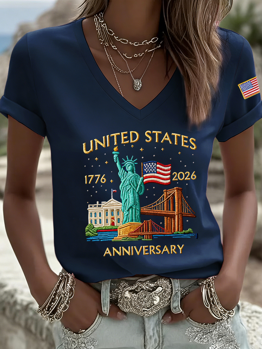 Women's Vintage American Commemorative Casual V-Neck T-Shirt
