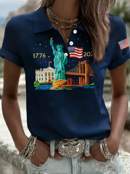 Women's Vintage American Commemorative Casual Short-Sleeve Polo Shirt