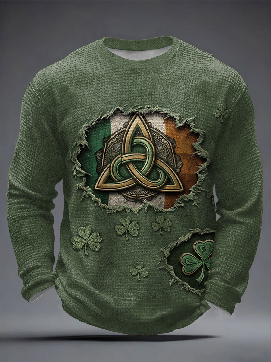 Men's St. Patrick's Day Shamrock Art Print Waffle Long Sleeve T-Shirt