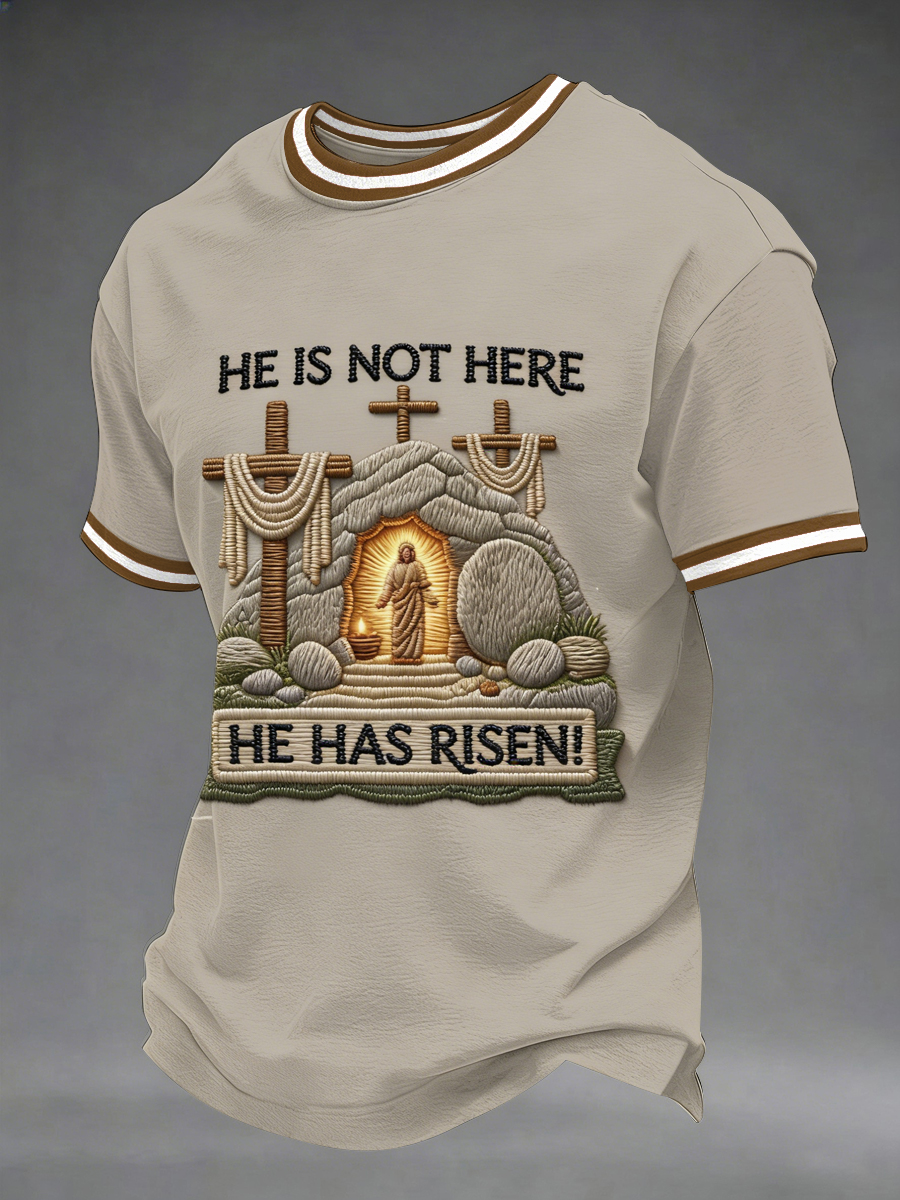 Men's He Is Not Here He Has Risen Easter Jesus Christian Cross Print Casual Tee