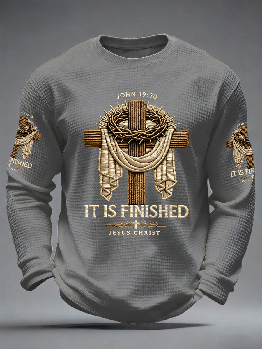 Men's He Is Risen It’s Finished Easter Jesus Christian Cross Print Casual Waffle Long Sleeve T-Shirt