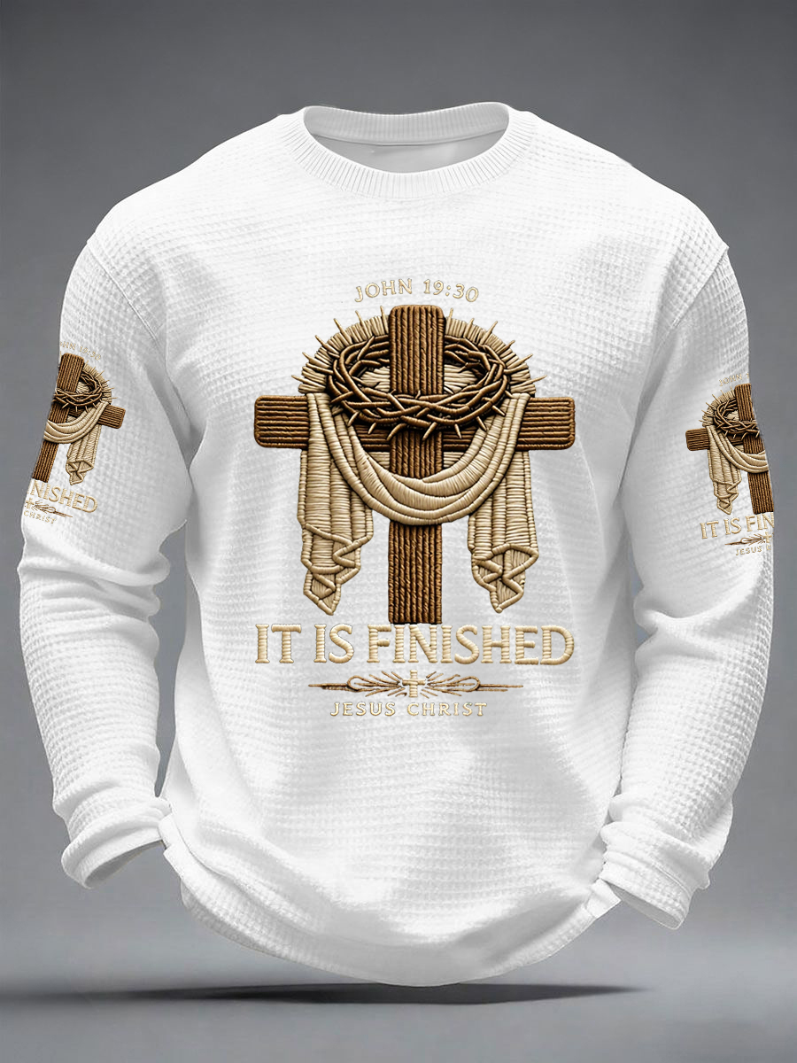Men's He Is Risen It’s Finished Easter Jesus Christian Cross Print Casual Waffle Long Sleeve T-Shirt
