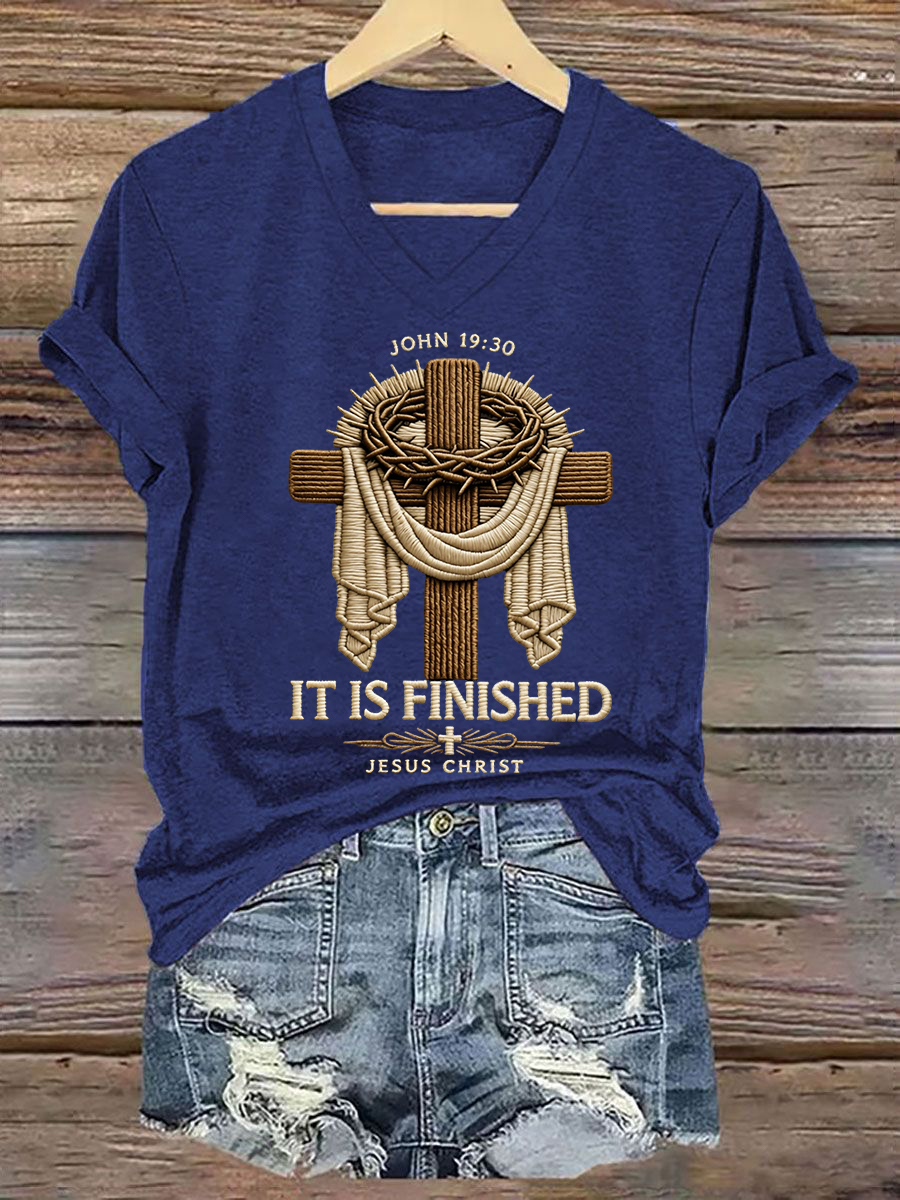 Women's  He Is Risen It’s Finished Easter Jesus Christian Cross Print Casual V-Neck Tee