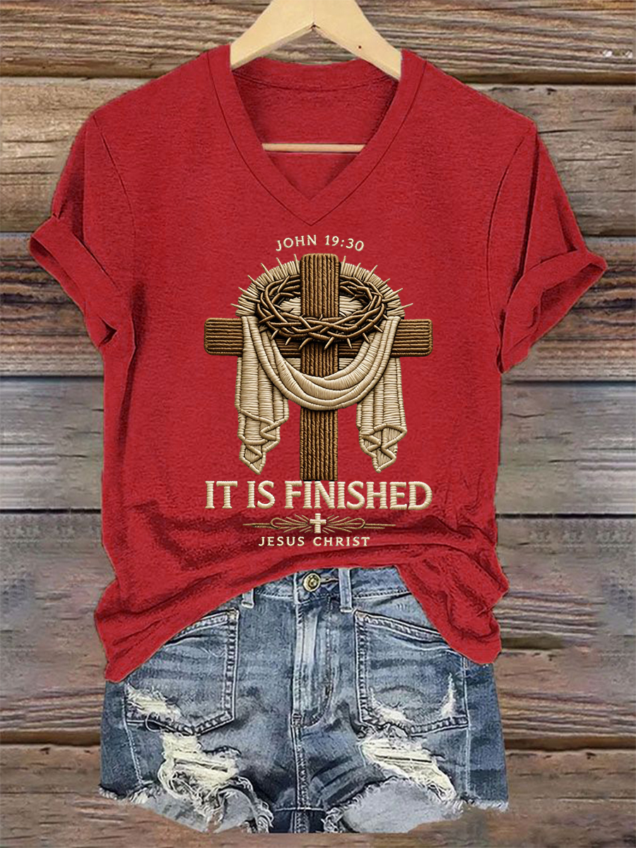 Women's  He Is Risen It’s Finished Easter Jesus Christian Cross Print Casual V-Neck Tee