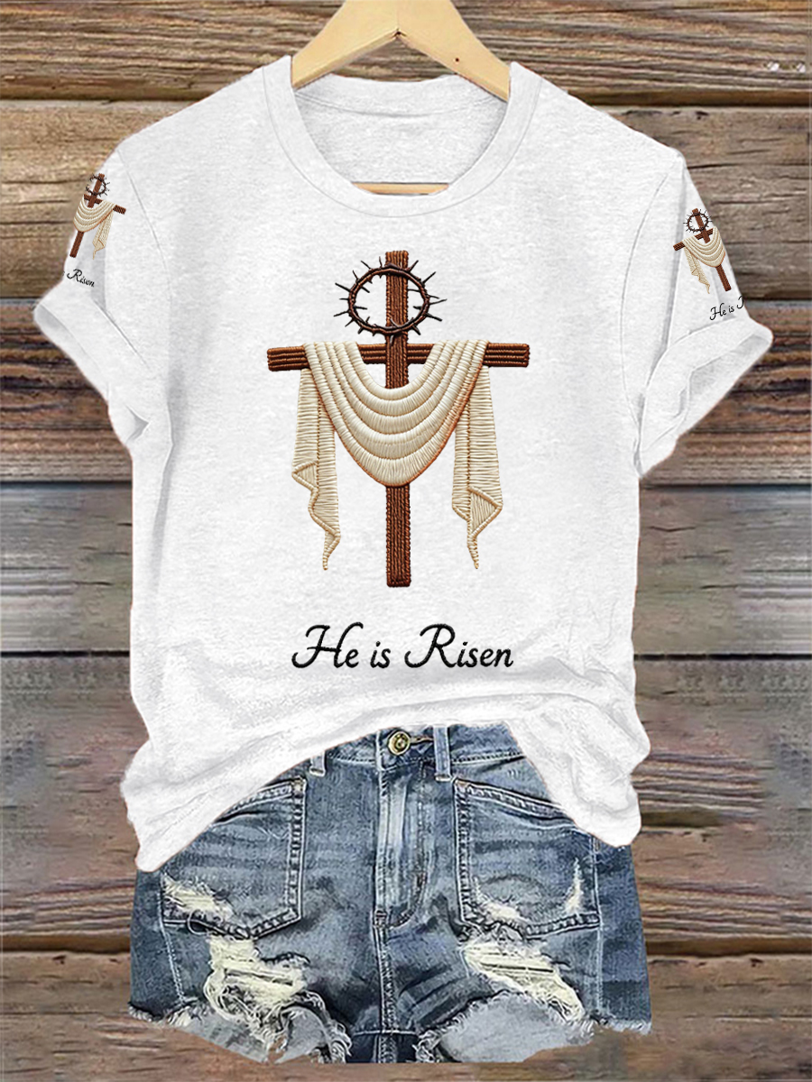 Women's He Is Risen Jesus Christian Cross Print V-Neck Tee