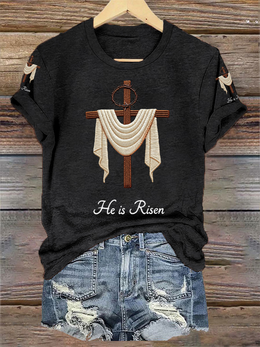 Women's He Is Risen Jesus Christian Cross Print V-Neck Tee