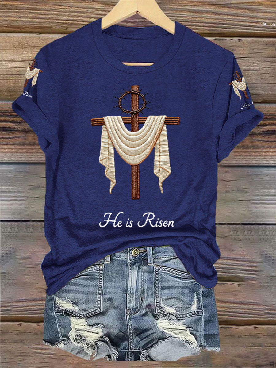 Women's He Is Risen Jesus Christian Cross Print V-Neck Tee