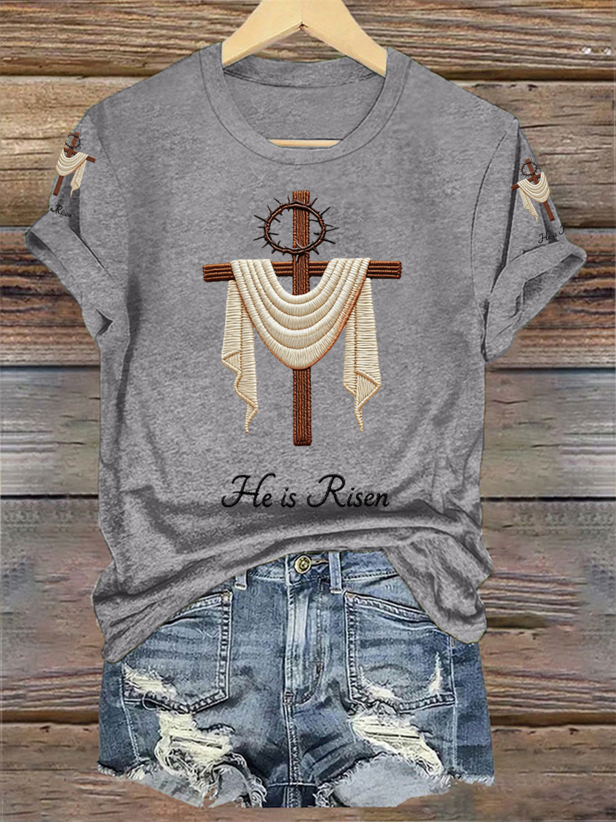Women's He Is Risen Jesus Christian Cross Print V-Neck Tee