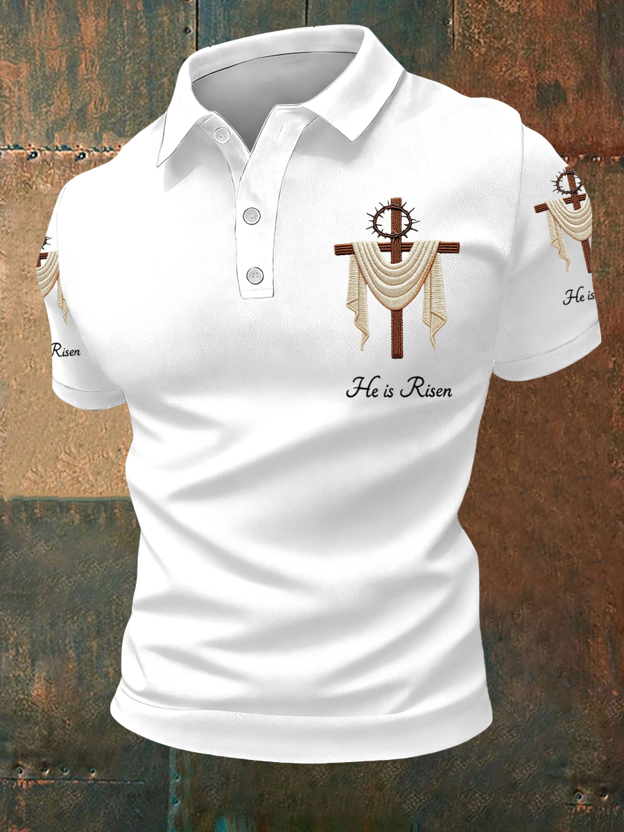 Men's He Is Risen Jesus Christian Cross Print Polo