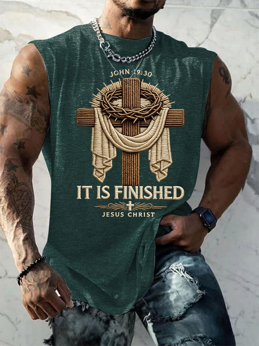 Men's He Is Risen It’s Finished Jesus Christian Cross Print Casual Tank Top