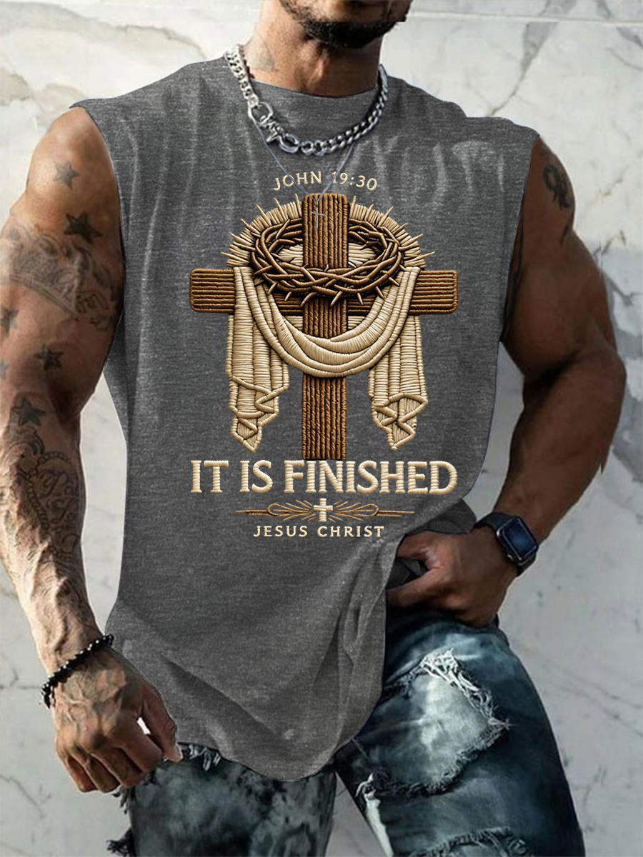 Men's He Is Risen It’s Finished Jesus Christian Cross Print Casual Tank Top