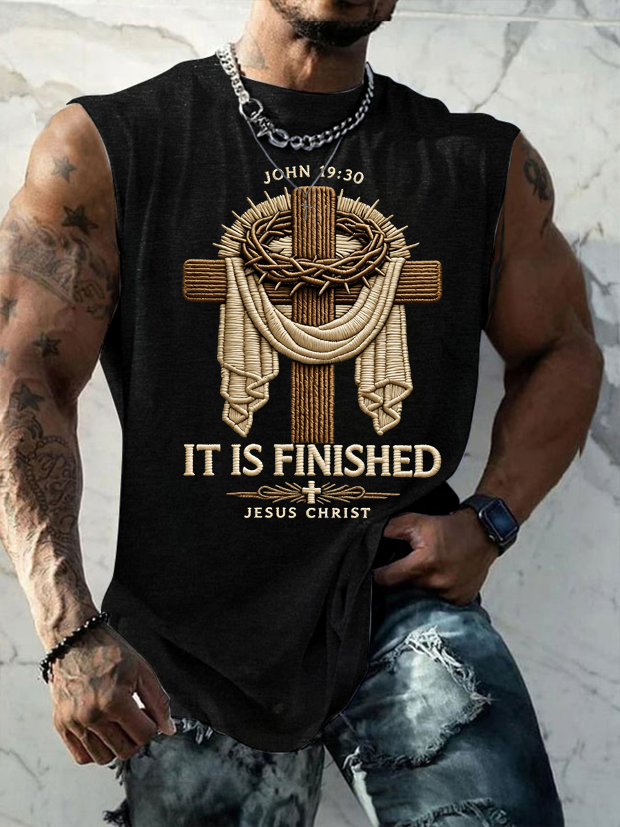 Men's He Is Risen It’s Finished Jesus Christian Cross Print Casual Tank Top
