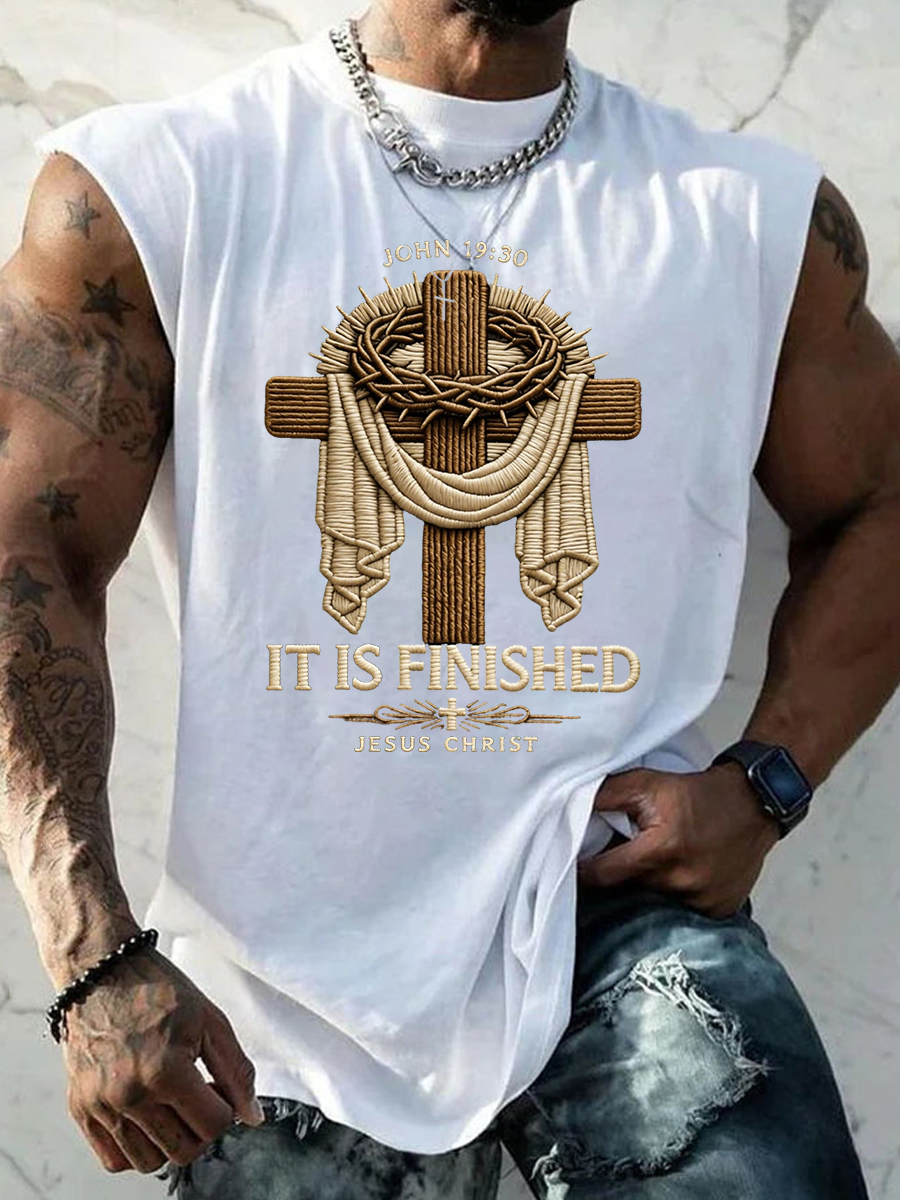 Men's He Is Risen It’s Finished Jesus Christian Cross Print Casual Tank Top